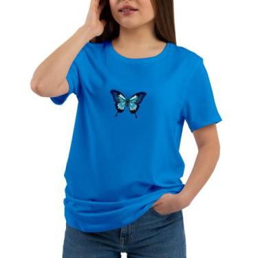 Imagem de Camiseta Feminina Borboleta Azul Gola Redonda Emoji Borboleta Algodão