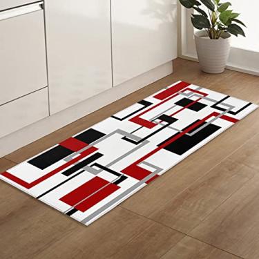 Imagem de Tapete de corredor, padrão geométrico abstrato vermelho preto quadrado arte moderna antiderrapante corredor tapete de porta tapete baixo tapete para entrada cozinha lavanderia quarto 45 x 137 cm