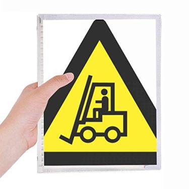 Imagem de Caderno triangular amarelo e preto com símbolo de aviso, empilhadeiras, caderno, folhas soltas, diário recarregável, papelaria