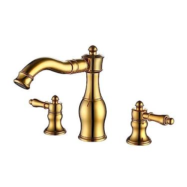 Imagem de Torneira de banheiro de latão 3 peças torneira de pia de três furos torneira misturadora torneira de água quente fria, ouro