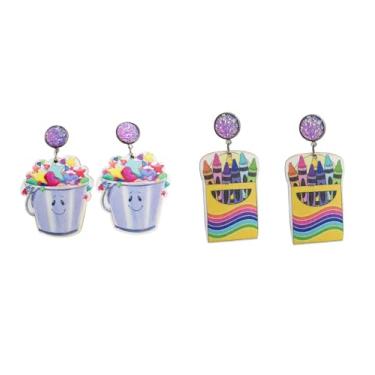 Imagem de Brincos pendentes de acrílico para professores, alunos, bonitos, giz de cera de arco-íris, para mulheres, meninas, volta às aulas, eventos de leitura de graduação, joias para professores-3 pares, Metal Madeira Resina, Sem pedra preciosa