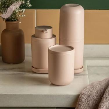 Imagem de Kit Banheiro Completo 4 Peças Bold – Porta Escova de Dente, Porta Sabonete Líquido, Porta Algodão e Bandeja – Organização, Higiene e Estilo para Lavabo e Banheiro Cor Rosa duna