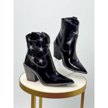 Imagem de Bota Texana Feminina em Couro, Cano Médio com Estrelas, Salto 4,5cm, Preta (PRETA, BR, Adulto, Numérico, 37)