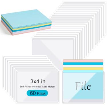 Imagem de SBYURE Pacote com 60 porta-cartões autoadesivos, 7,6 x 10,12 cm, transparente com 60 folhas, cartão de índice colorido, suporte de plástico com abertura superior para biblioteca, escritório, casa