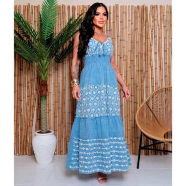 Imagem de Vestido Longo Boho Chic Indiano Tipo Jeans Bordado e Lesi - Sarat Moda