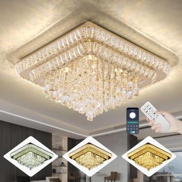 Imagem de Miuyhji Elegante Luminária De Teto Em Formato Gota Chuva Com Cristal Dourado Led, Lustre Quadrado 24" Embutido Controle Remoto Para Sala Estar, Cozinha, Ilha, Quarto, Corredor, Hall Entrada (Reguláv