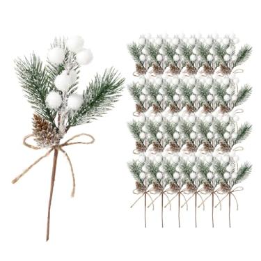 Imagem de ALAGIRLS 24 palhetas artificiais de frutas vermelhas brancas com mini pinhas, folhagem de Natal sintética para artesanato, guirlanda de outono para aniversário, casamento, Halloween, decorações de