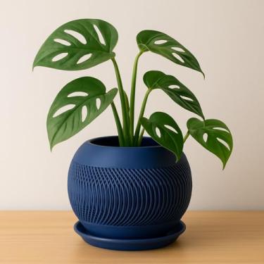 Imagem de Vaso Decorativo Moderno com Textura, Azul Marinho, Redondo, com Prato, Design Contemporâneo, para Plantas de Interior