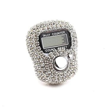 Imagem de OREN Contador de dedo eletrônico digital com strass de cristal, contador de oração Tasbeeh muçulmano islâmico, ponto de tricô e balcão de turismo esportivo (prata)