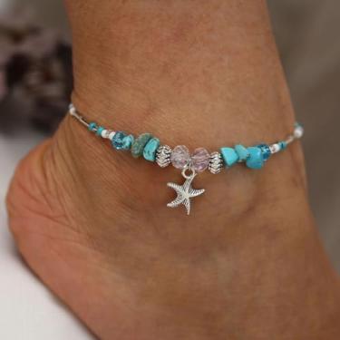 Imagem de Tornozeleiras femininas boêmias com estrelas do mar – tornozeleira com contas com pingentes de cristal e pedra, joias ajustáveis para o verão e praia, One Size, Metal Vidro, Sem Pedra Preciosa