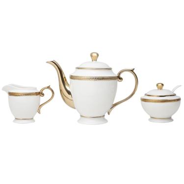 Imagem de Conjunto Bule Açucareiro e Leiteira Paddy para Café e Chá em Porcelana Resistente a Micro-ondas Branco e Dourado Wolff