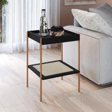 Imagem de Mesa Lateral Quadrada com Prateleira 43cm Palhinha Pé Metaloslo Preto 
