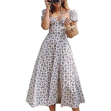 Imagem de Vestido Longo Com Mangas Bufantes, Elegante Fechamento Com zíper No Peito, AlçA Plissada, Vestido Feminino Com Estampa Floral, Bainha Dividida Em A para Uso diáRio (S)