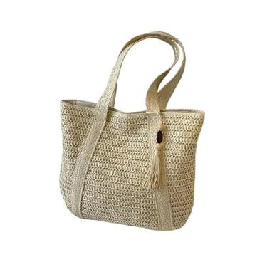 Imagem de Verão Grande Capacidade Tote Bolsa Feminina Bolsa de Ombro Feita à Mão Fresca Rural Portátil Grama Tecida(Bege)