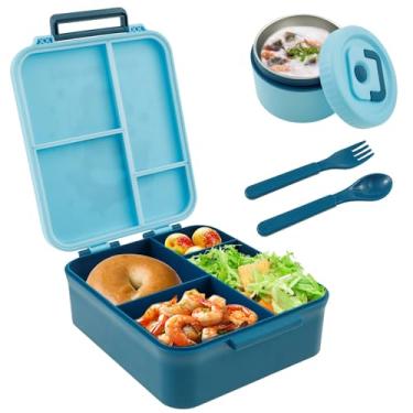 Imagem de Caixa de comida infantil com frasco térmico, trava de tampa selada e recipiente de alimentos para separação de saída de ar para meninos escolares (azul, estilo 2)