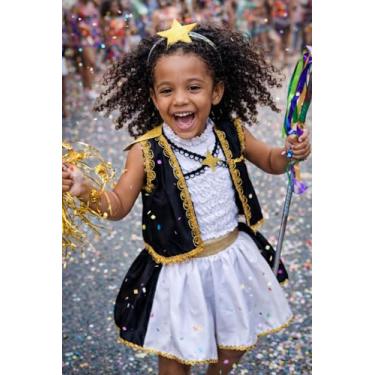 Imagem de Fantasia Guerreira kpop Infantil, Preto e Branco com Detalhes Dourados, Colete e Saia carnaval Tam PP 2 anos