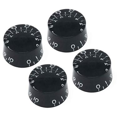 Imagem de Vintage Forge Botões de velocidade pretos compatíveis com guitarra elétrica Gibson Les Paul SG (conjunto de 4) serve para 24 potes de eixo dividido com estrias finas dos EUA (imperiais) RS24US-BLK4