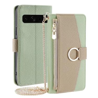Imagem de PuRoxx Capa transversal para Google Pixel 8/Google Pixel 8 Pro, capa de couro com padrão de lichia, capa carteira feminina com suporte para cartão de crédito e mini espelho, verde, Pixel 8 Pro