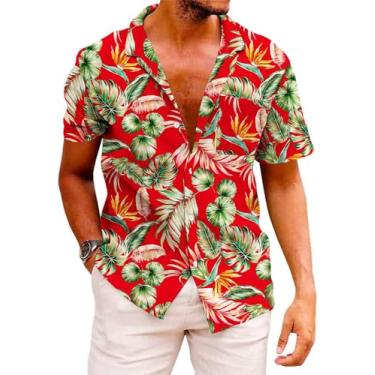 Imagem de Runcati Camisa masculina havaiana de manga curta com botões e estampa de palmeira cubana para férias tropicais, Vermelho, GG