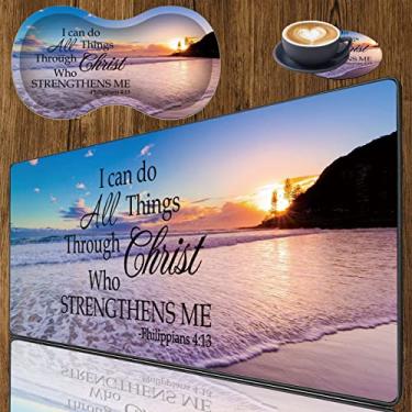 Imagem de Conjunto de mouse pad de 3 peças com borda costurada grande antiderrapante tapete de mouse pad de mesa teclado + almofada de descanso de pulso + porta-copos de espuma de memória descanso de pulso para escritório/casa, versículo bíblico filipenses 4-13