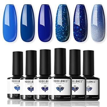 Imagem de modelones Conjunto de esmalte de gel azul, 6 esmaltes azuis de Natal que mudam de cor, kit de esmalte de unhas azul escuro com glitter, kit de gel de imersão de LED para manicure, presentes de férias