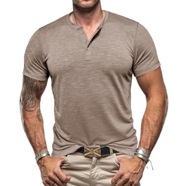 Imagem de DAGIN Camisetas masculinas casuais de manga curta com botões justos e gola V simples, Caqui, XXG
