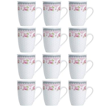 Imagem de Conjunto 12 Canecas de Porcelana Xícaras de Chá 310ml com Tampa Filtro Inox Infusor Lyor Rosa