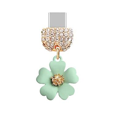 Imagem de ELISE & FONDA TP86 Tipo-C porta de carregamento USB cristal antipoeira pequena flor pingente de celular para Samsung Galaxy/Huawei/OnePlus/Xiaomi/oppo novos telefones Android (verde), approx. 1.9 cm