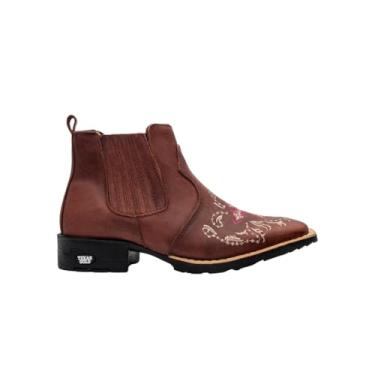 Imagem de Bota Feminina Texana Em Couro Café Cano Curto Bordado Bico Quadrado (Marrom, BR, Adulto, Numérico, 39)