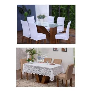 Imagem de Kit 06 Capas De Cadeira Jantar + Toalha De Mesa Em Renda 06 Cadeiras B
