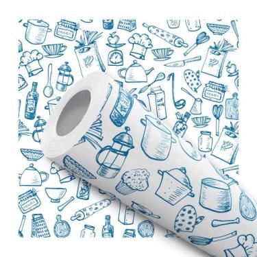 Imagem de Papel de Parede Vinílico Utensilios Cozinha Azul E Branco 1m - DELIQUA