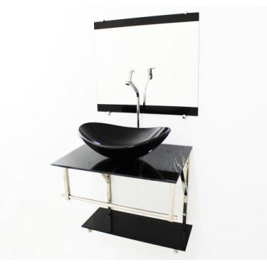 Imagem de Kit gabinete banheiro 60cm iq inox com cuba oval  mármore preto + torn