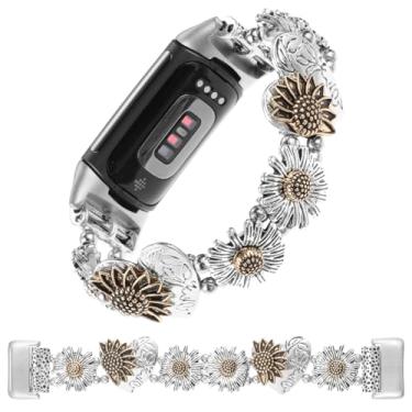 Imagem de Pulseiras de metal elástico compatíveis com Fitbit Charge 5/Charge 6, pulseira de substituição feminina elegante com coração de girassol elástica elegante para Charge 5/Charge 6 Fitness Tracker