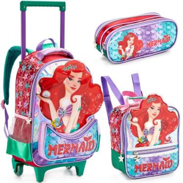 Imagem de Kit Escolar Mochila Rodinhas Lancheira Estojo Pequena Sereia - Denlex,