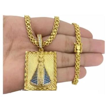 Imagem de Cordão 5mm Cadeado Duplo Banhado A Ouro + Pingente Santa - A.R Varieda