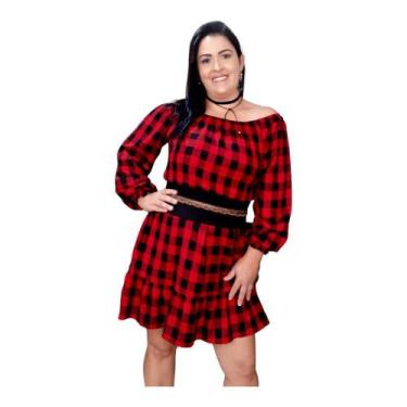 Imagem de Vestido Curto Ombro a Ombro Manga Longa Xadrez Outono Inverno - Dineia