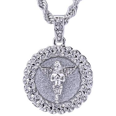 Imagem de Colar masculino com pingente de medalhão de anjo dourado / prata gelado 61 cm HC 121, Small, Latão, Zircônia cúbica