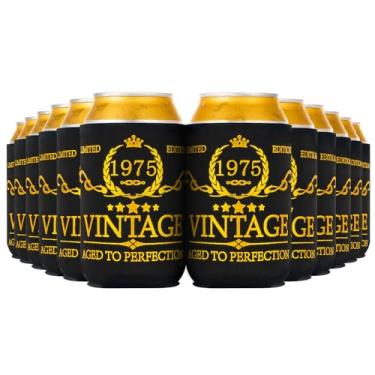 Imagem de Crisky Decoarions vintage 1975 Can Coolers 50th Birthday Beer Sleeve Party Favor preto e dourado para refrigerante, bebidas, 12 peças
