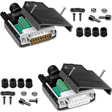 Imagem de Jienk Adaptadores seriais DB15 macho fêmea sem solda RS232 D-SUB, conector de placa de breakout sem solda com terminal de porta de 15 pinos 16 mm mais fino com acessórios de caixa