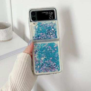 Imagem de para Samsung z Flip 5 Quicksand Love Heart Case para Samsung Galaxy Z Flip 5 4 3 flip5 ZFlip 4 Glitter Fluorescência Luminosa Capa, Glitter Azul, para Samsung Z Flip4