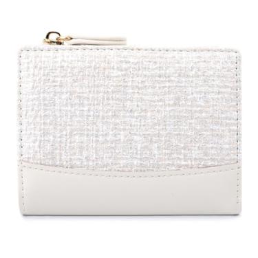 Imagem de MOMOJULI Carteira feminina dobrável e estética moderna, bolso com zíper, compartimento para cartão de dinheiro, janela para identidade para mulheres e mulheres, Branco, Minimalista