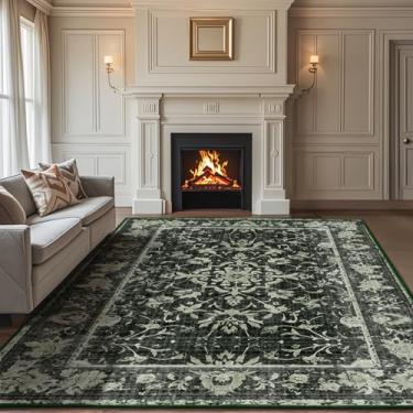 Imagem de KIRFEIHT Lavável na máquina, 20 x 25 cm, vintage, verde, floral, para sala de estar, tapete antiderrapante e sem queda para quarto, pisos de madeira, sala de jantar, sala de jogos, tapete para