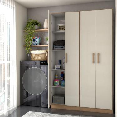 Imagem de Armário Multiuso Malta 4 Portas 8 Prateleiras Canelato/Natural/Off White - Panorama Móveis