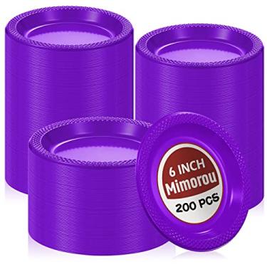 Imagem de Mimorou 200 peças de pratos de sobremesa de plástico descartáveis pratos de bolo de 15,24 cm, pratos de jantar redondos a granel pratos de casamento resistentes para festa de aniversário, jantar, piquenique, salada, aperitivos, suprimentos de festa (roxo)
