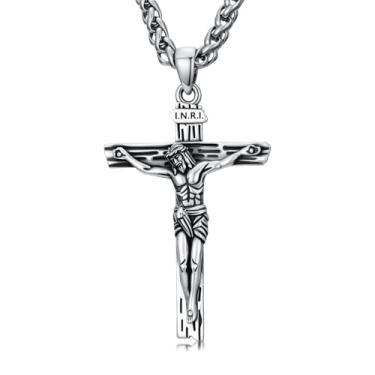 Imagem de PDTJMTG Colar de crucifixo masculino de prata esterlina com pingente de cruz de Jesus com corrente de aço inoxidável de 56 cm + 5 cm, chain length 22 inches, Prata esterlina, Sem Pedra Preciosa