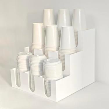 Imagem de CiaoHER Dispensador de xícara de café acílico e tampa com 9 compartimentos, bancada para estação de café para organizar copos descartáveis, para uso doméstico ou no escritório (branco)