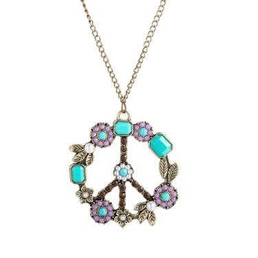 Imagem de QLUYCKW Colares boêmios com símbolo da paz feitos à mão, vintage, colorido, hippie, contas de flores turquesa, antiguerra, acessórios hippie, joias, Medium, Liga de aço, Turquesa