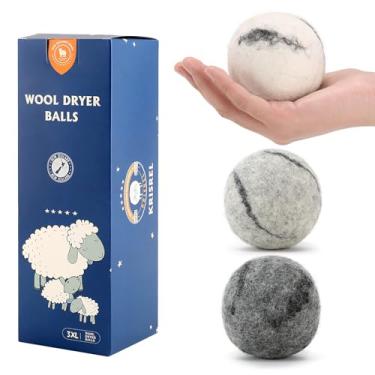 Imagem de Bolas de secagem de lã feitas à mão pacote com 3 GG, bolas orgânicas para secar roupa, amaciante de tecido natural 100% lã da Nova Zelândia, reutilizável com 1000 cargas, sem rugas, encurta o tempo de