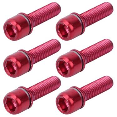 Imagem de plplaaoo 6 parafusos de haste de liga M5 x 18 mm parafusos hexagonais cônicos para bicicletas de montanha e estrada com arruela incluída parafusos de fone de ouvido com tampa superior vermelha (um