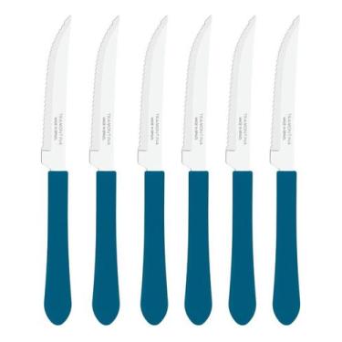 Imagem de Kit 6 Facas De Mesa Talher Serra Tramontina Leme Azul Inox Churrasco